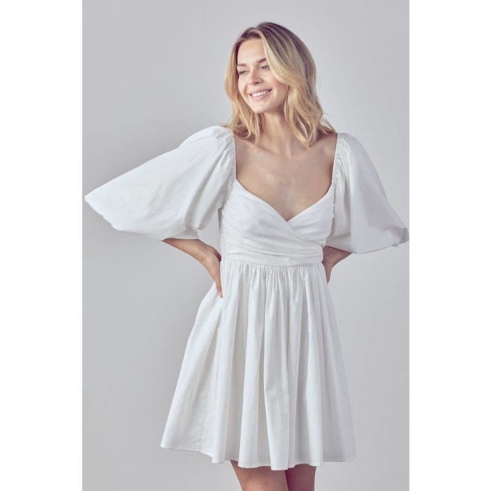 FORE Shirred Wrap-Effect Cotton Mini White Dress